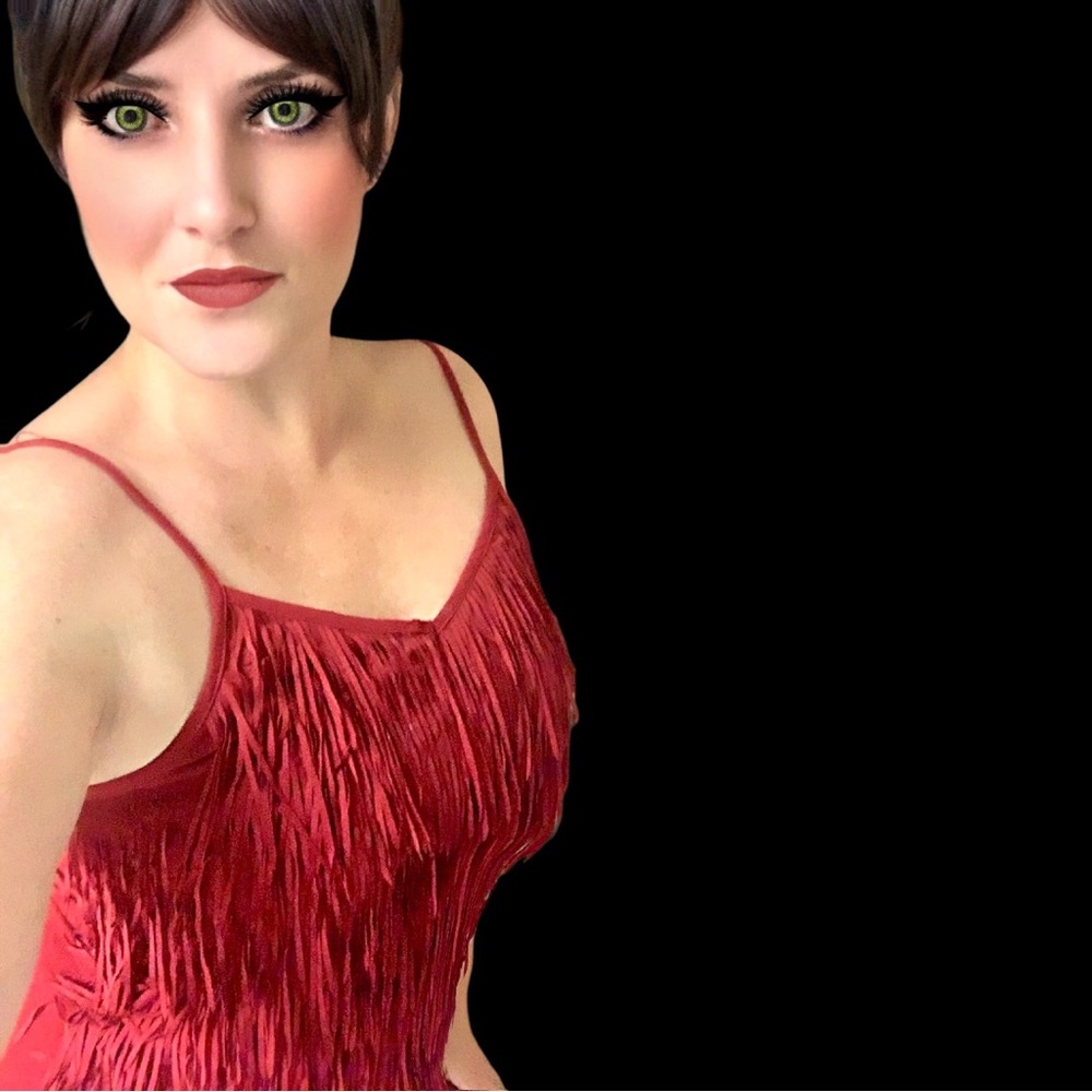 Elegant Red Women's Fringe Covered suede like Tank Top